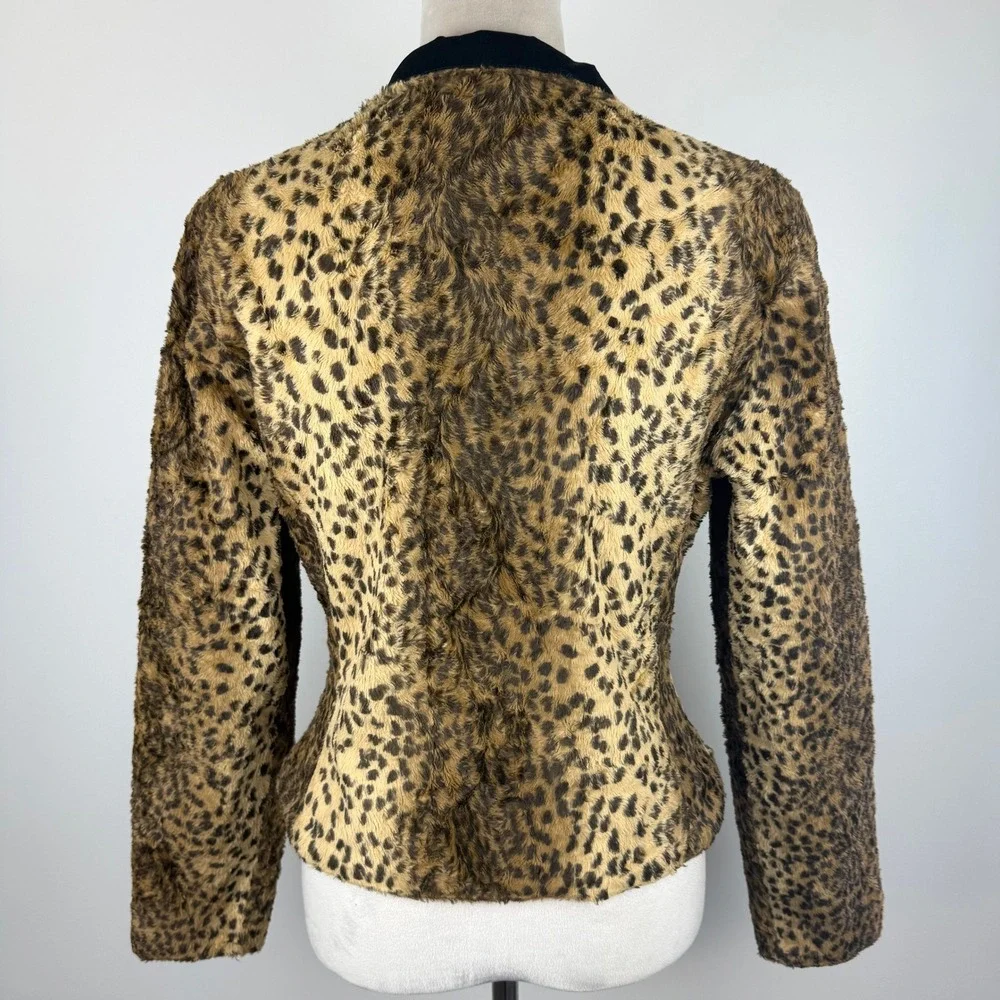 Y2K Leopard Print Faux Fur Rhinestone Zip Up Jacket Mock Neck Brown Black Small